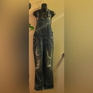 American Eagle Outfitters Distressed Blue Denim Overalls